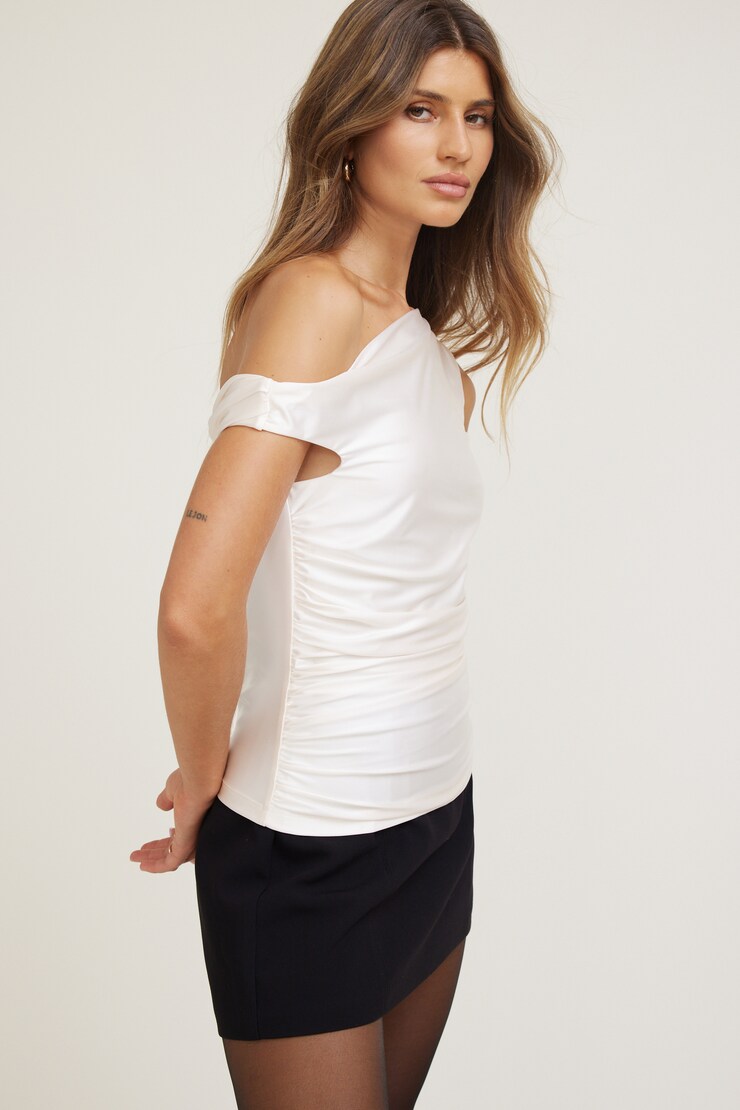 Off Shoulder Stretch Satin Top Sea Salt Off White large