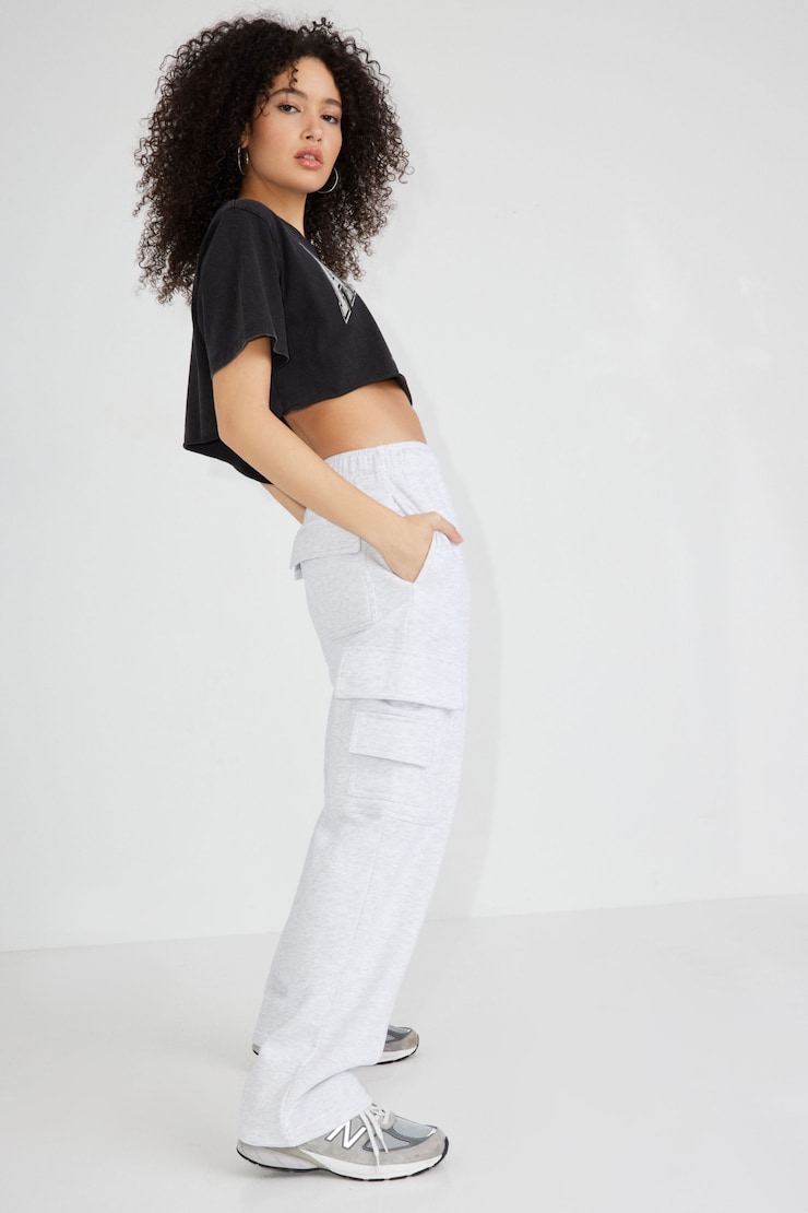 Pantalon de jogging cargo en molleton, Mélange gris printanier, large