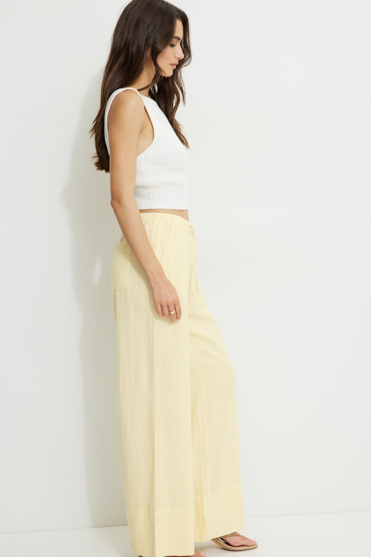 Pantalon à jambe large en lin Leo Jaune double-crème large