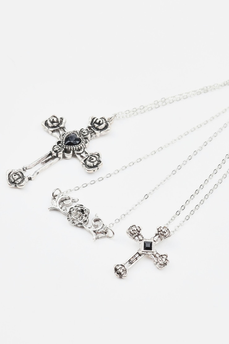 Set of 3 Flower, Cross, & Roses Necklace, Antique Silver, large