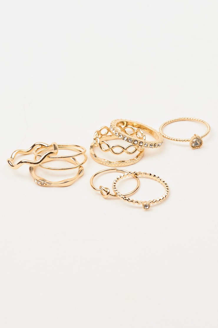 Set of 9 Super Delicate Rings, Clear/Gold, large