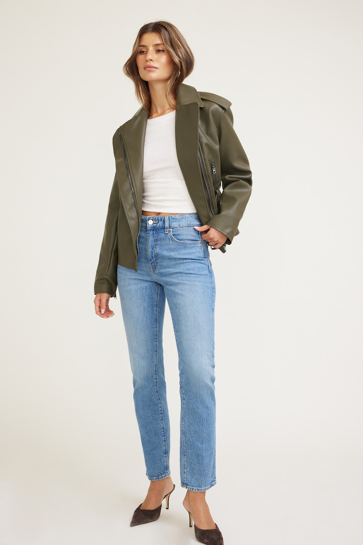 Belted Faux Leather Moto Jacket Green | Dynamite