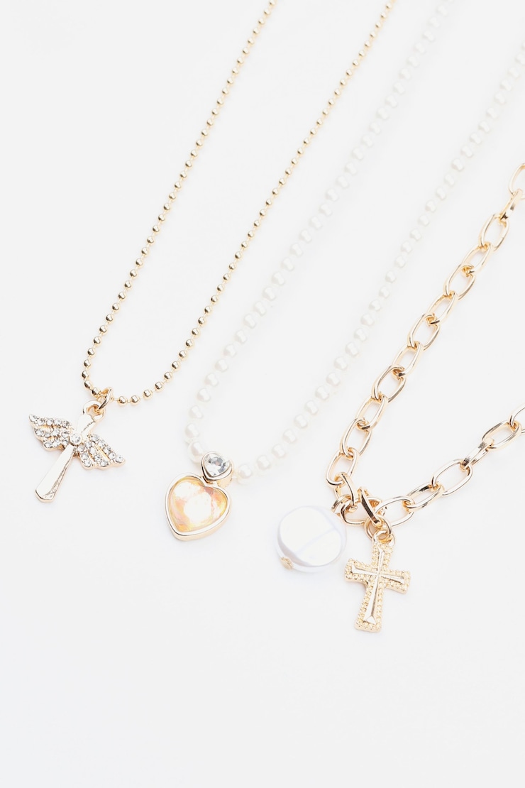 Set of 3 Heart, Wing, & Cross Necklace, Off White/Gold, large