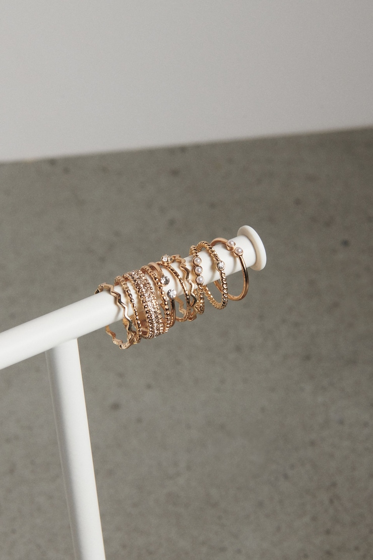 10-Pack Delicate Gem & Pearl Rings Gold  large