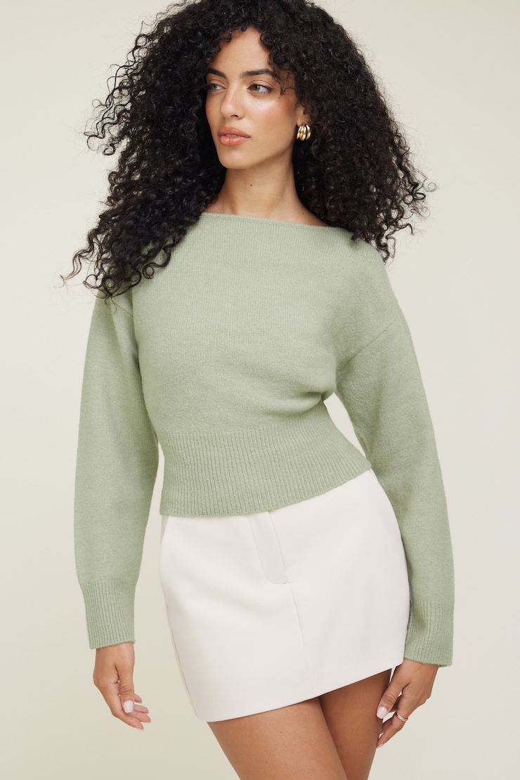Juliet Cinched Boat Neck Sweater Green | Dynamite