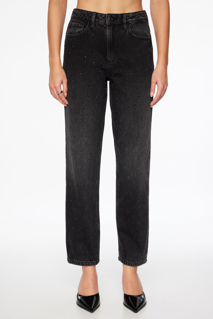 Justina Rhinestone Straight Leg Jeans Black | Dynamite