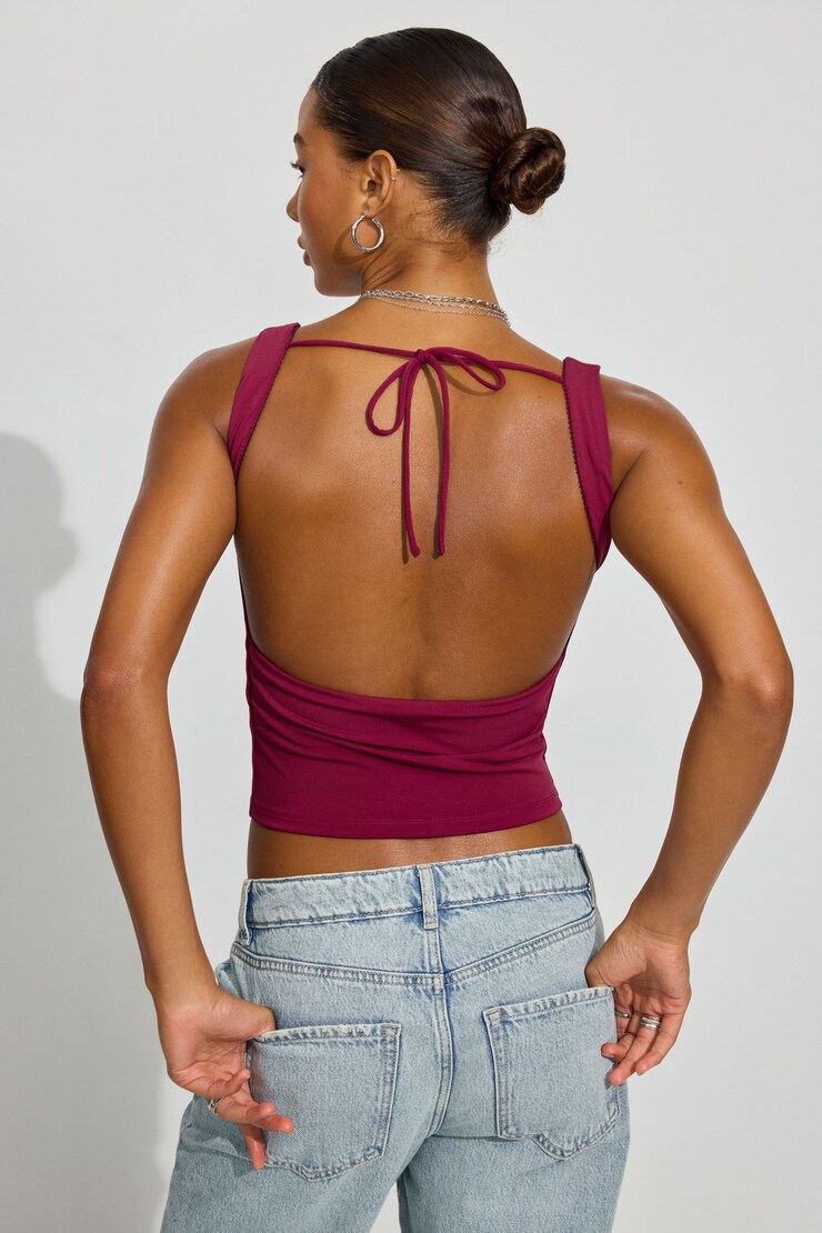 Open Back Ruched Tank Top, Red Plum, large