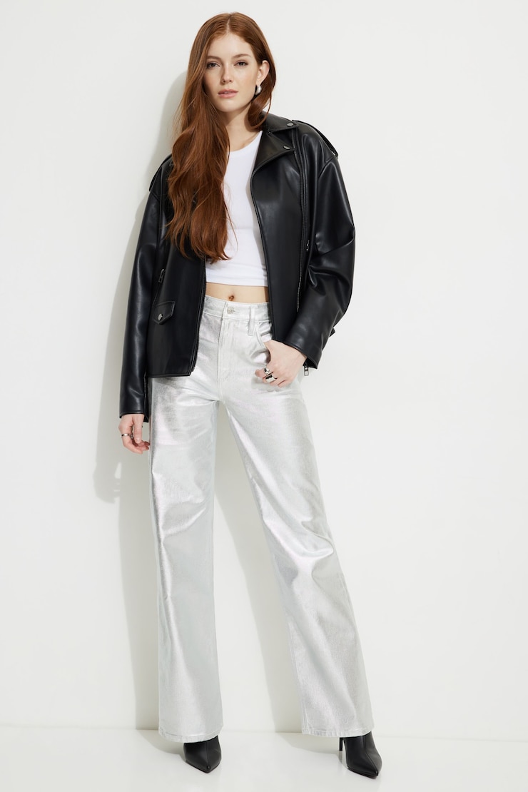 Metallic Heidi Wide Leg Jeans Silver large