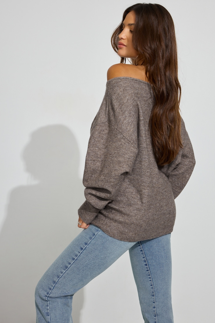 Rory Relaxed Off Shoulder Sweater, Hazelnut Melange, large