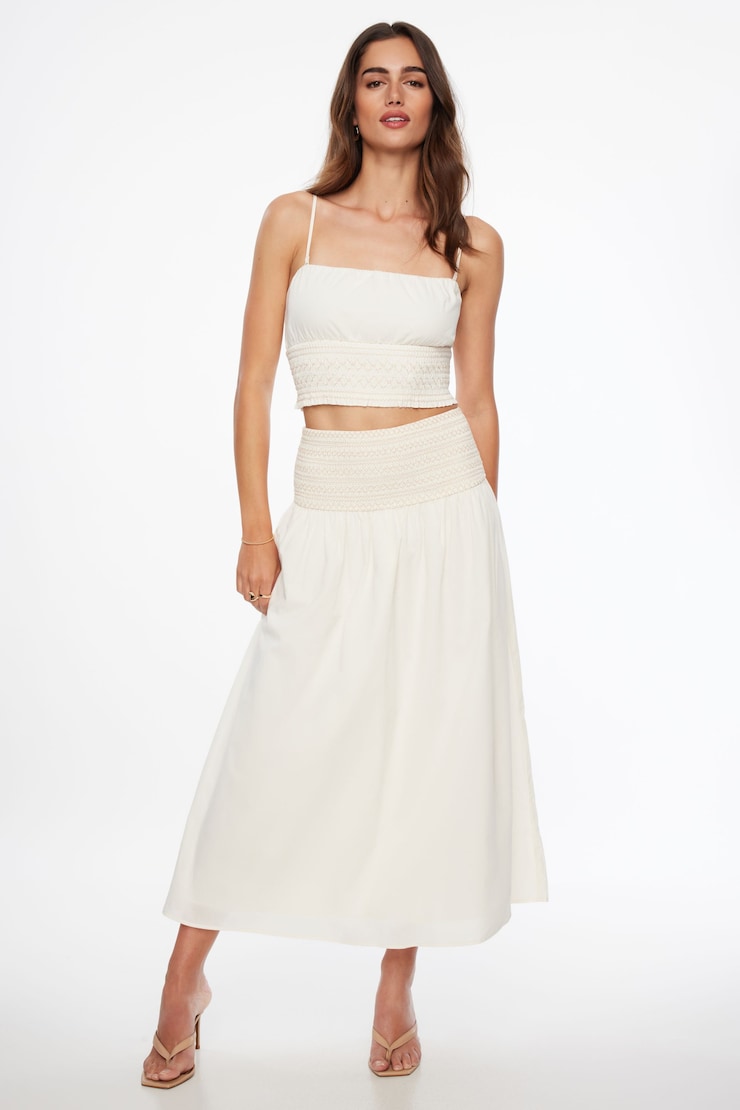 Jupe maxi smockée à taille basse Blanc cassé sel de mer avec fils tan amande large