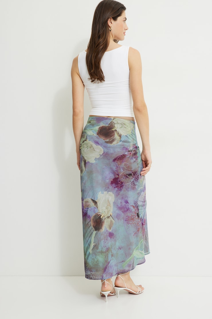Jupe maxi imprimée style sirène Fleur verte et mauve abstraite large