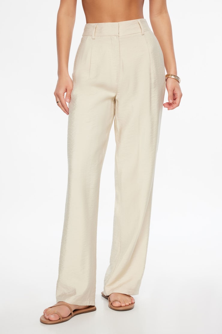 Pantalon Sofia plissé à jambe droite Beige journée pluvieuse large