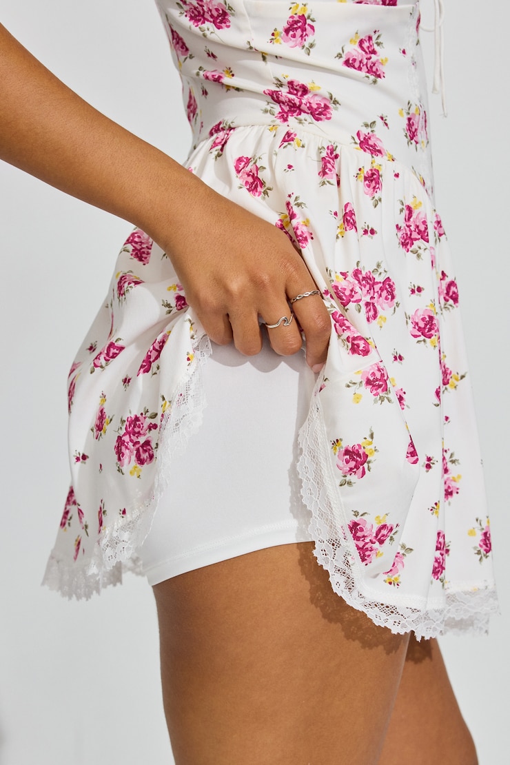 Plunge V-Neck Romper Dress, Pink/Yellow Floral, large