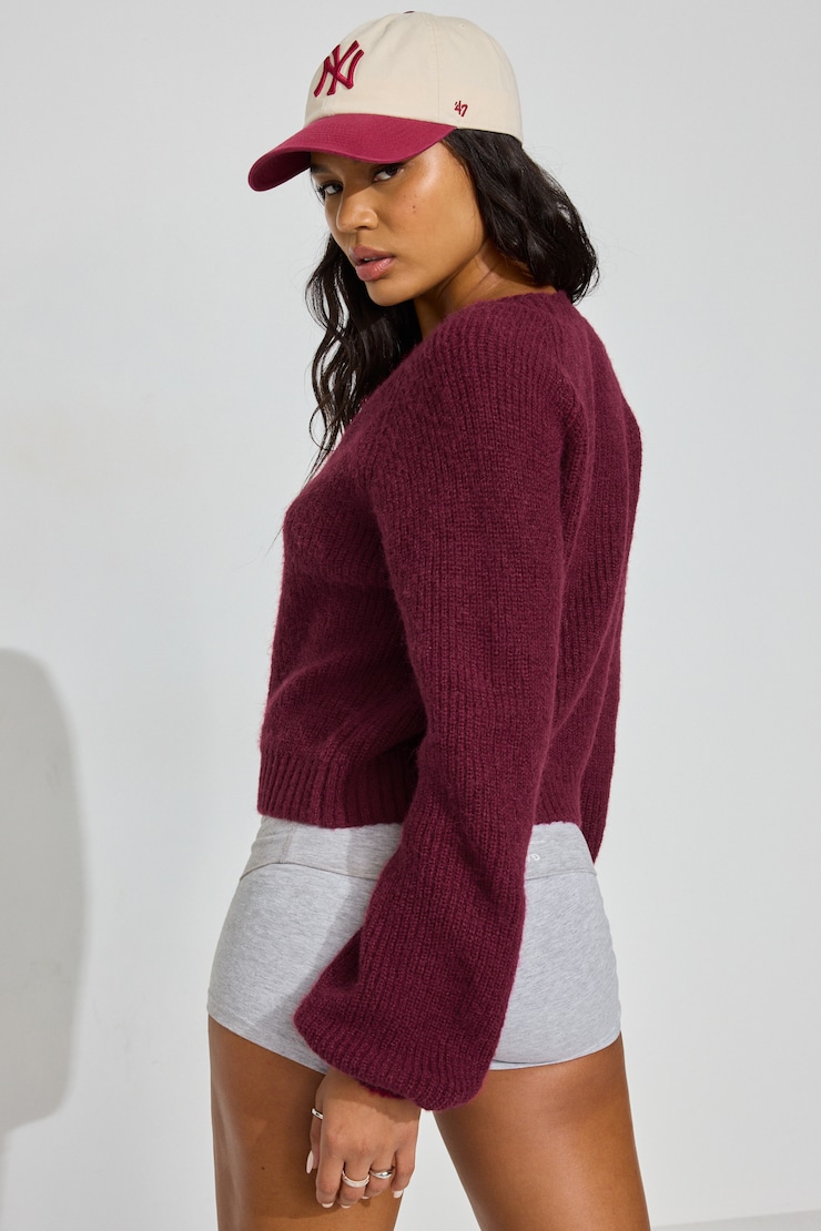 Long Sleeve V-Neck Cardigan, Sour Cherry Burgundy, large