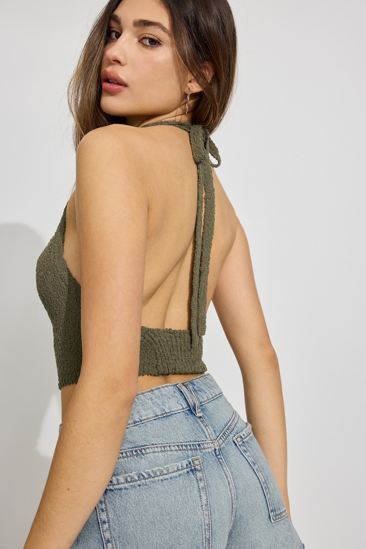 Bouclé Cowl Halter Top, Army Green, large