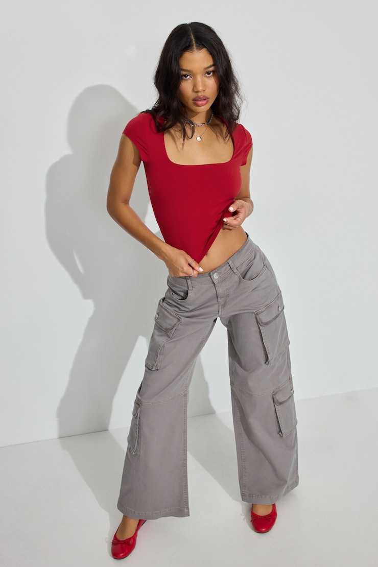 Portia Square Neckline T Shirt, Chili Pepper Red, large