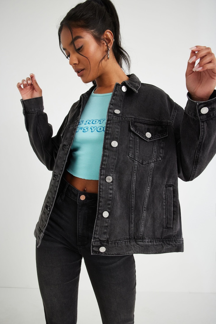 Boyfriend Denim Jacket - Black, Black, large