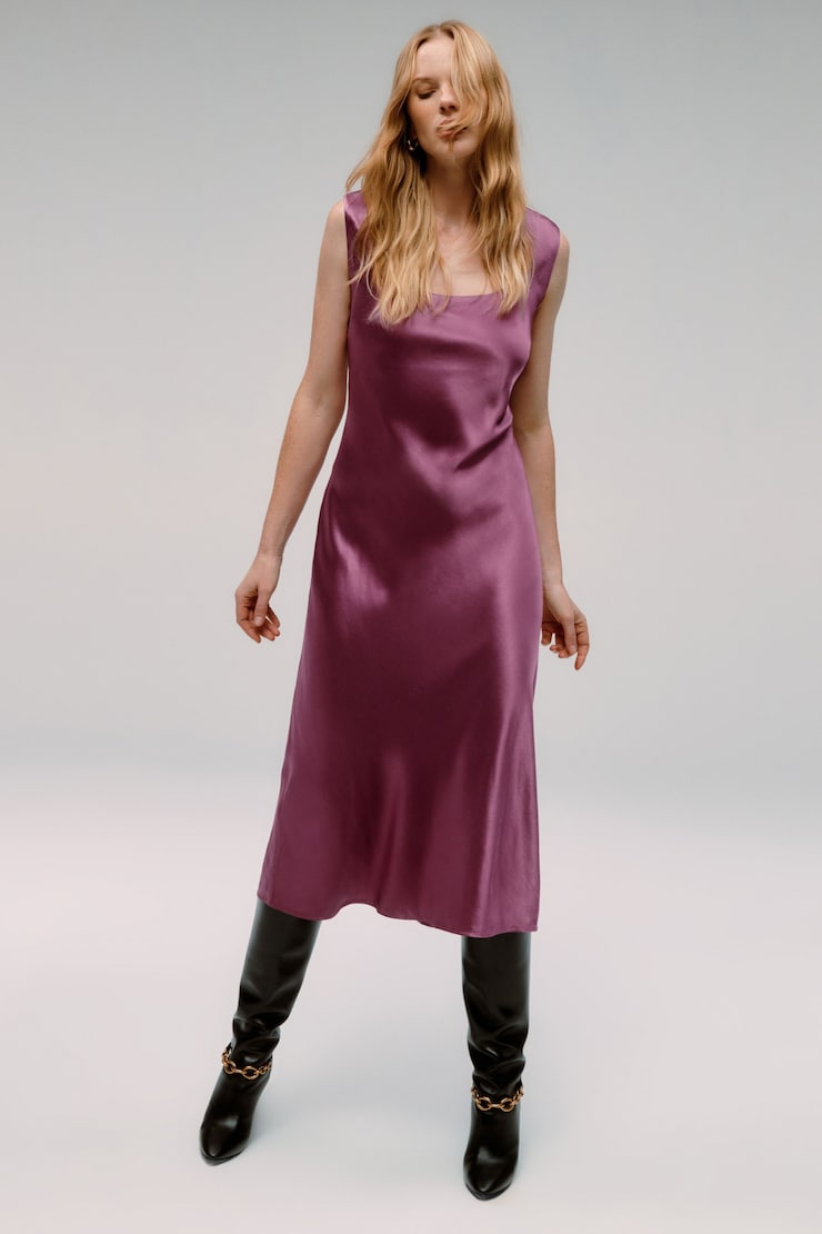Square Neck Satin Slip Midi Dress Damson Purple large
