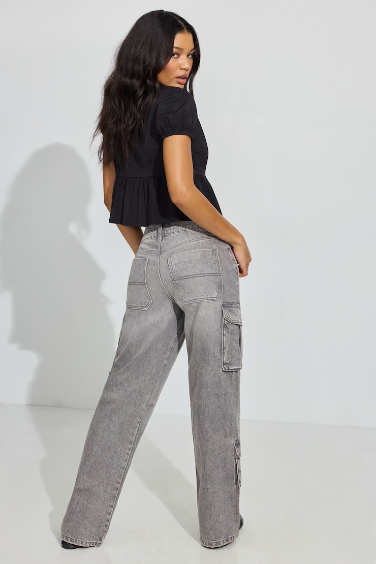 High Rise Wide Cargo Jeans, Pewter Grey, large