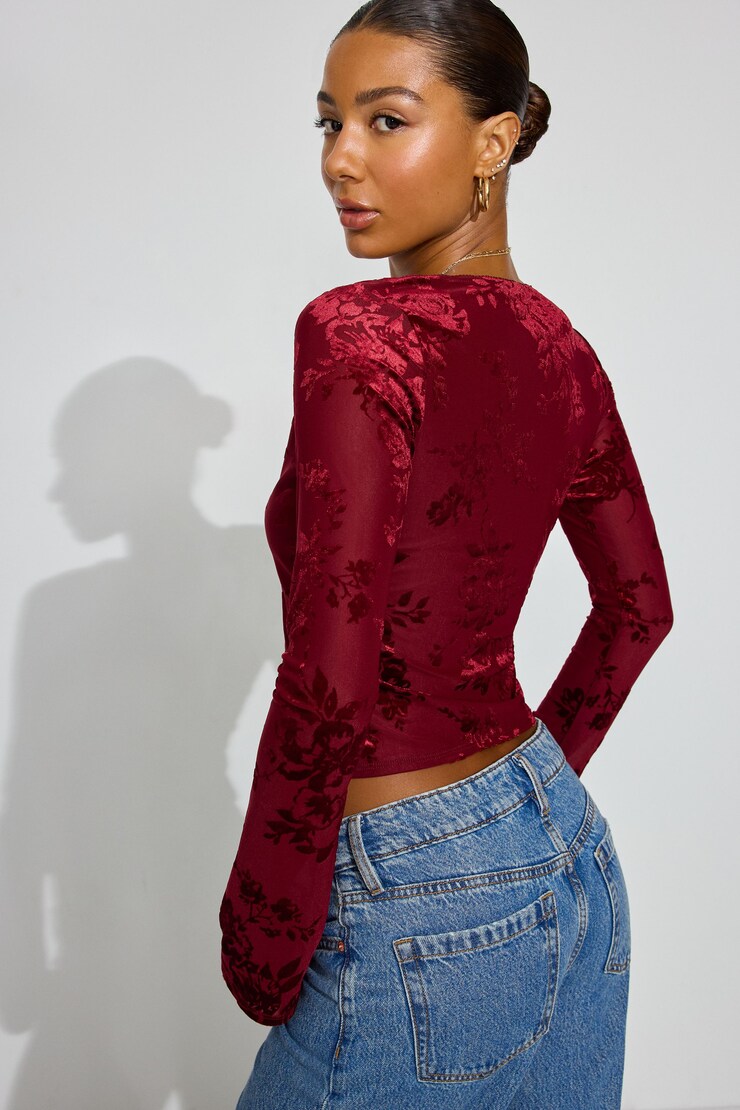 Flyaway Burnout Long Sleeve Top, Cabernet Red Floral, large