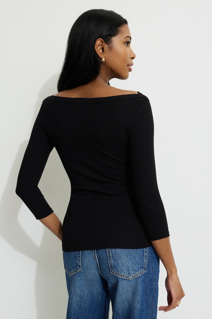 Ribbed Three Quarter Sleeve T Shirt Jet Black large