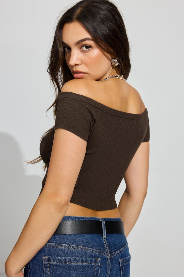 Off Shoulder Short Sleeve Top, Armadillo Brown, large