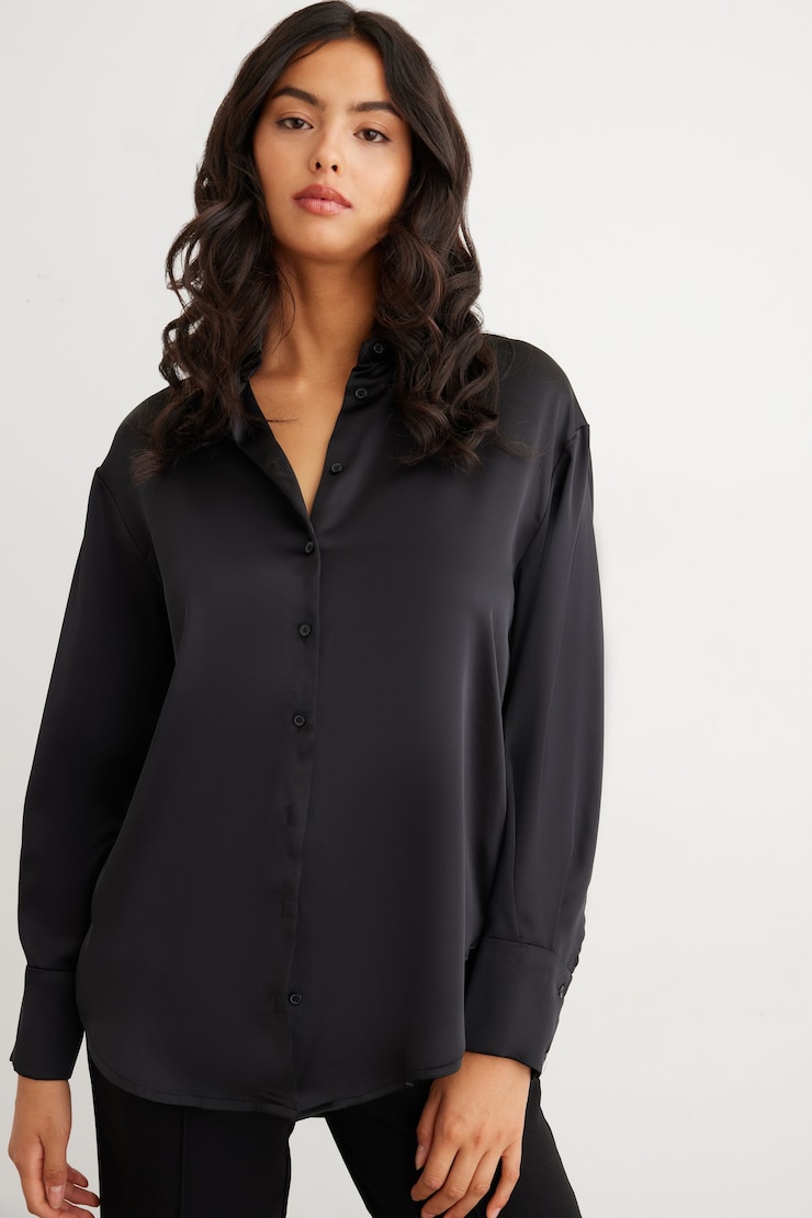 Frida Satin Oversized Shirt Jet Black large