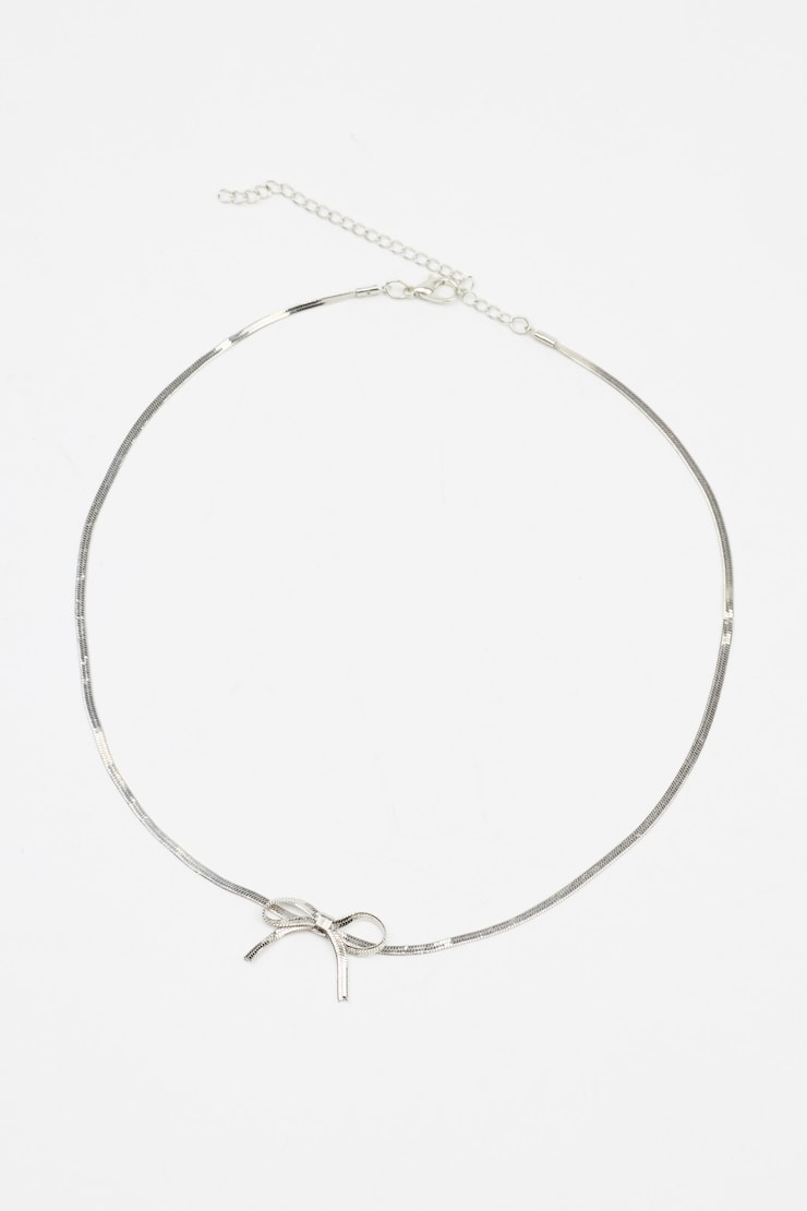 Snake Chain Bow Necklace, Silver, large