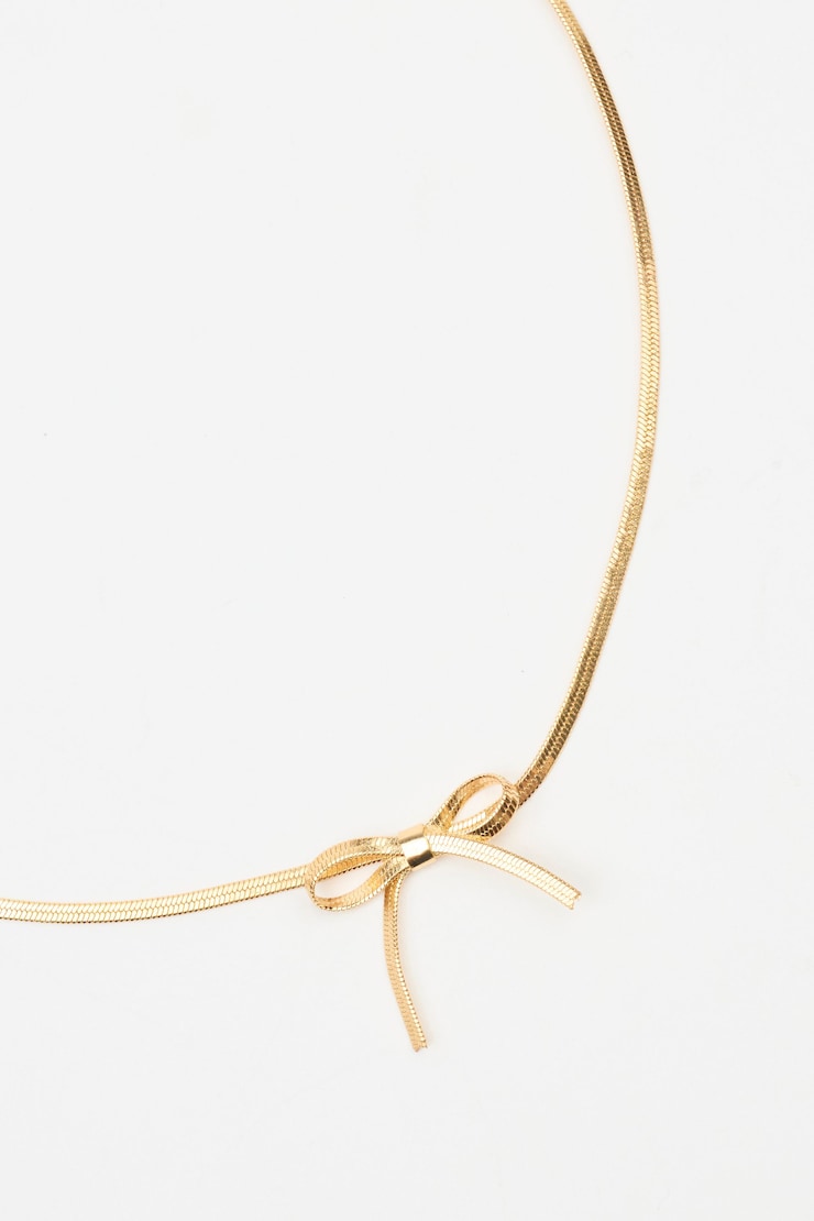 Snake Chain Bow Necklace, Gold, large