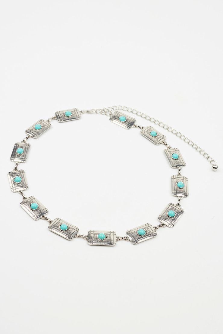 Square Western Metal Belt, Turquoise/Silver, large