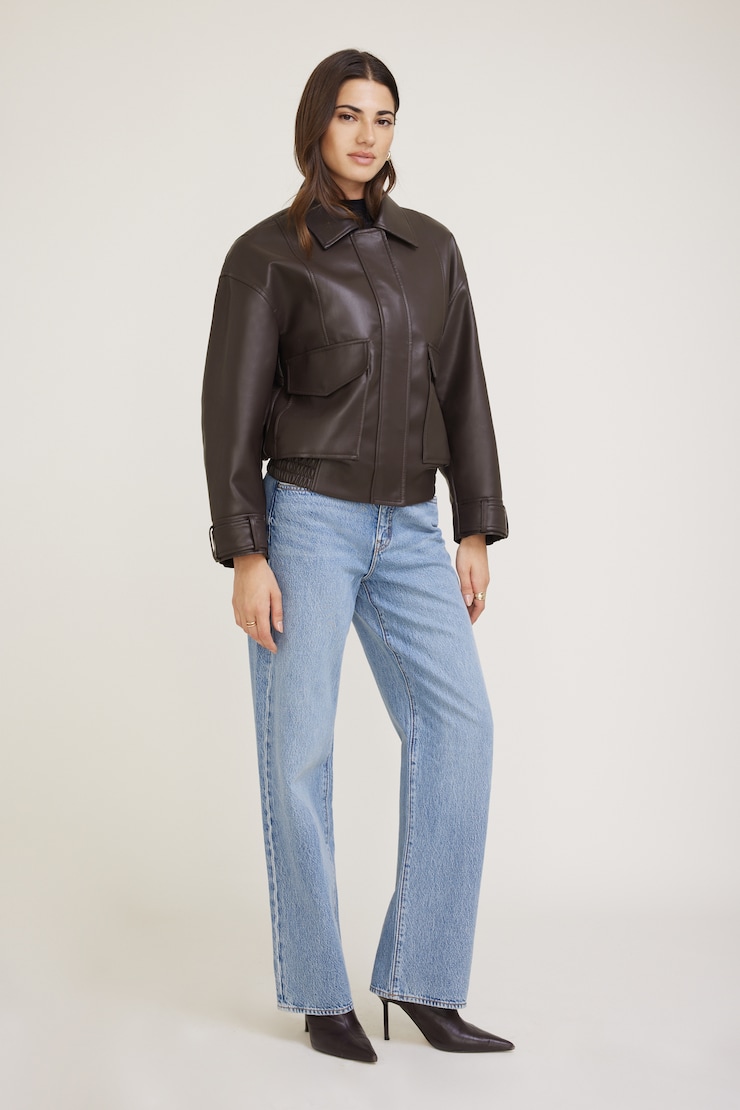 Oversized Faux Leather Aviator Jacket Brown | Dynamite