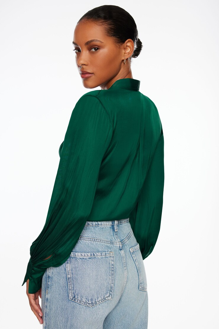 Long Sleeve Satin Wrap Bodysuit Jewel Green large