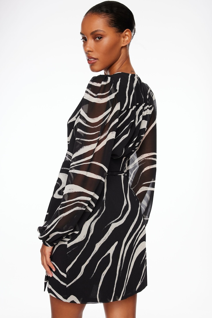 Long Sleeve Wrap Mini Dress Black & Cream Swirl large