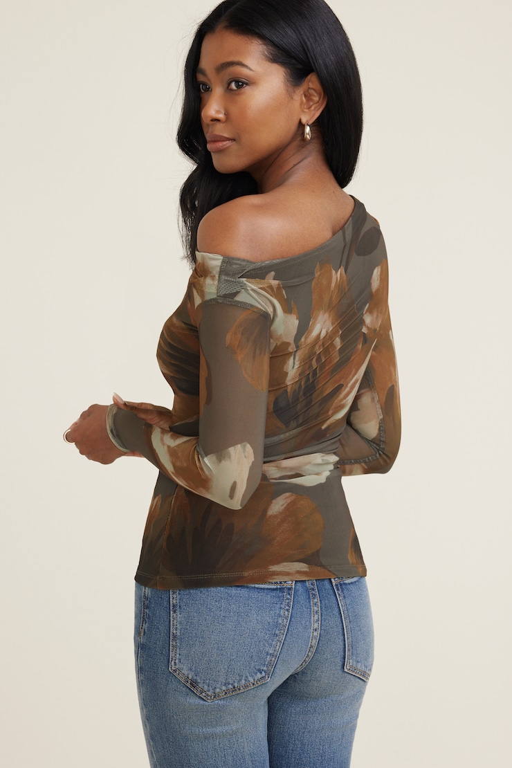 Cleo Printed Mesh Long Sleeve Top Ombre Brown Flower large