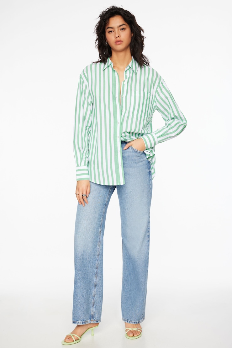 Chemise Frida rayée ample à boutons Fines rayures vertes et blanches large