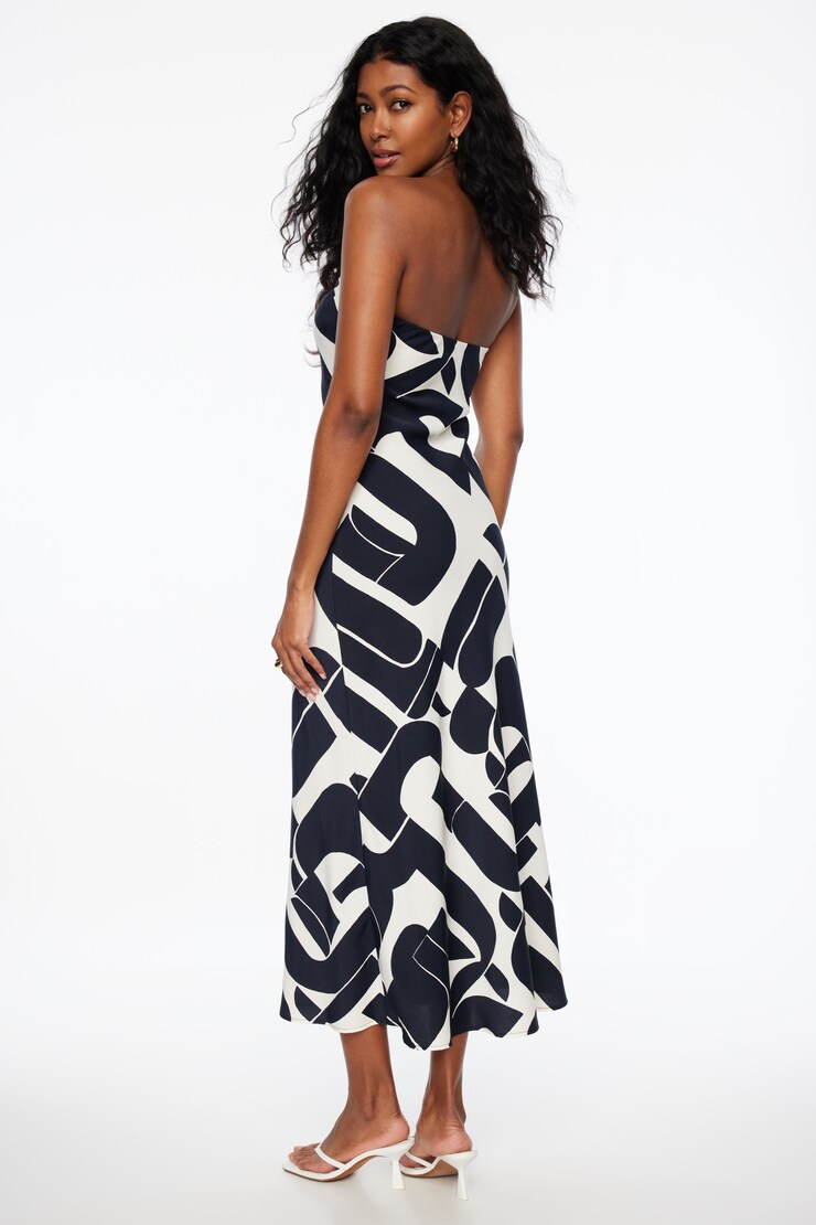 Strapless Satin Maxi Slip Dress Navy & Cream Abstract large