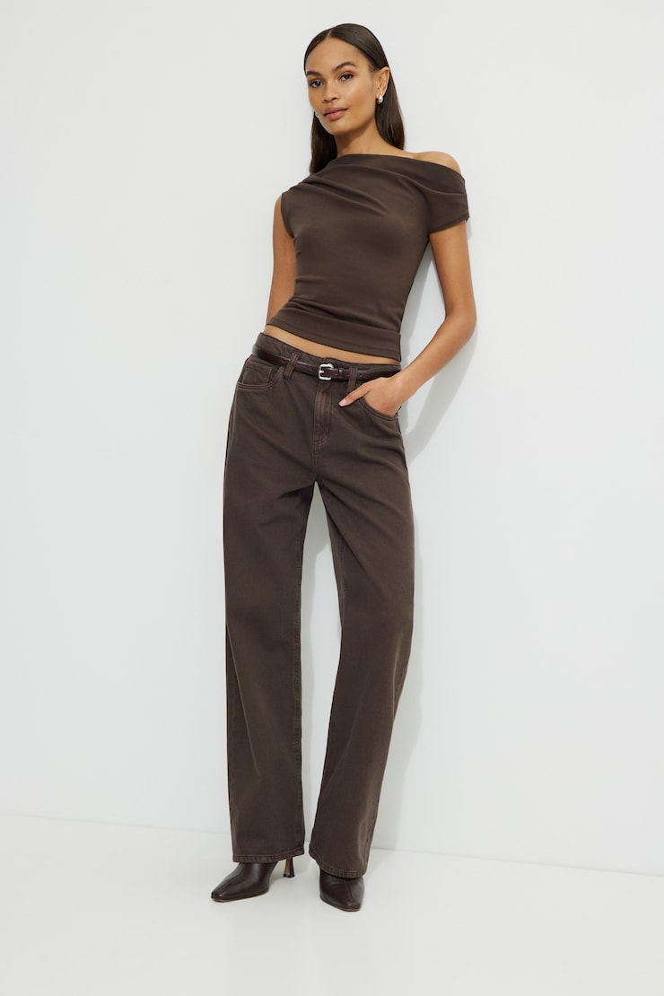 Off Shoulder Draped Jersey Top Java Brown | Dynamite