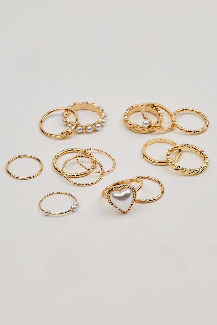 Set of 14 Pearl Heart & Delicate Rings, Off-White/Gold, large