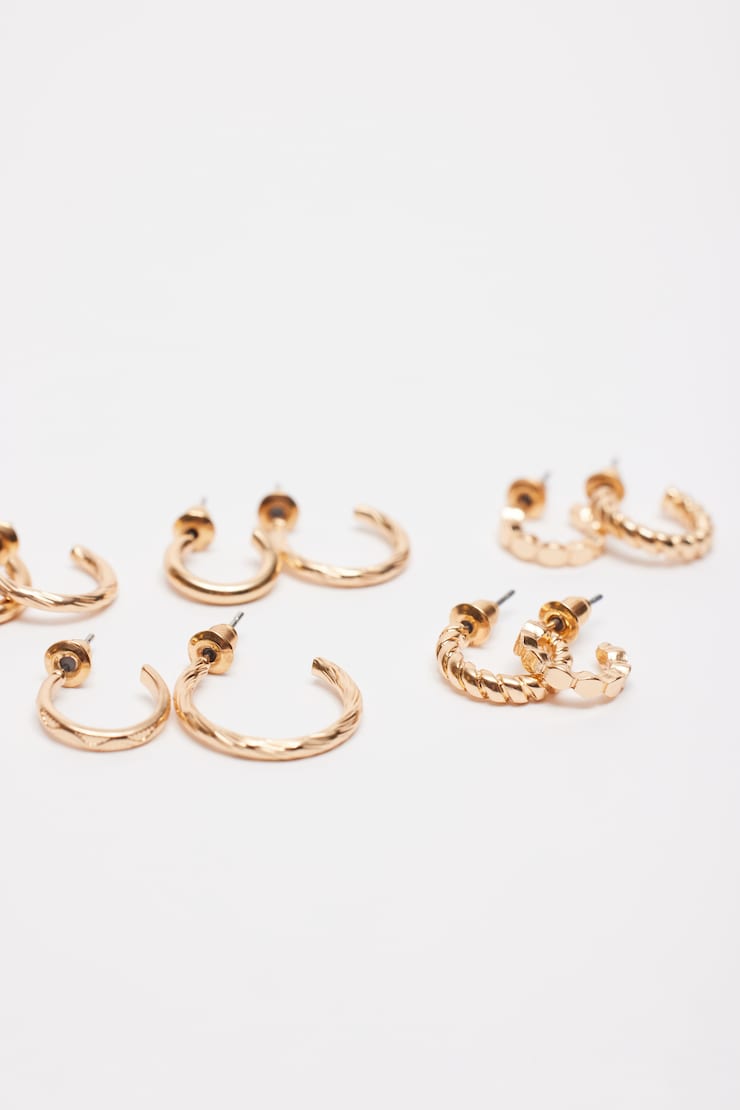 6 Pack Textured Huggies & Hoop Earrings, Gold, large