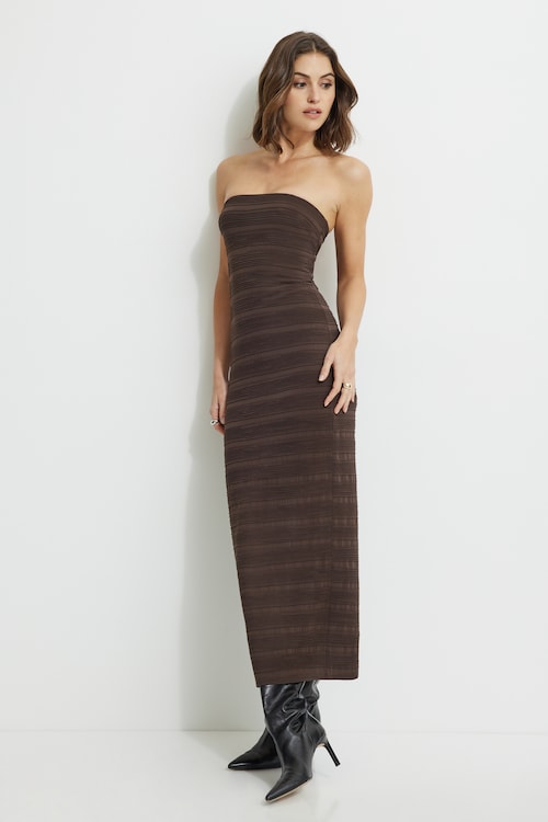 tube brown dress ASYMMETRICAL RIBBED MAXI TUBE DRESS – PlentyBoutique main image 0