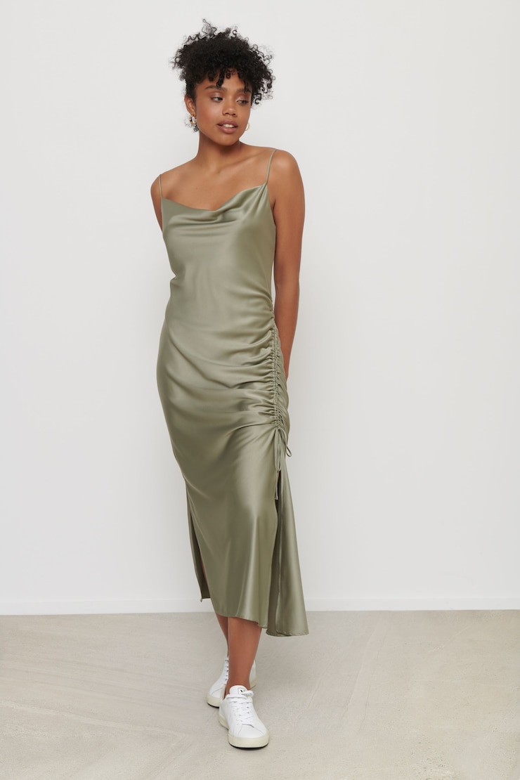 brooklyn satin ruched formal dress Ashley Slip Hunter green floor length bridesmaid dress