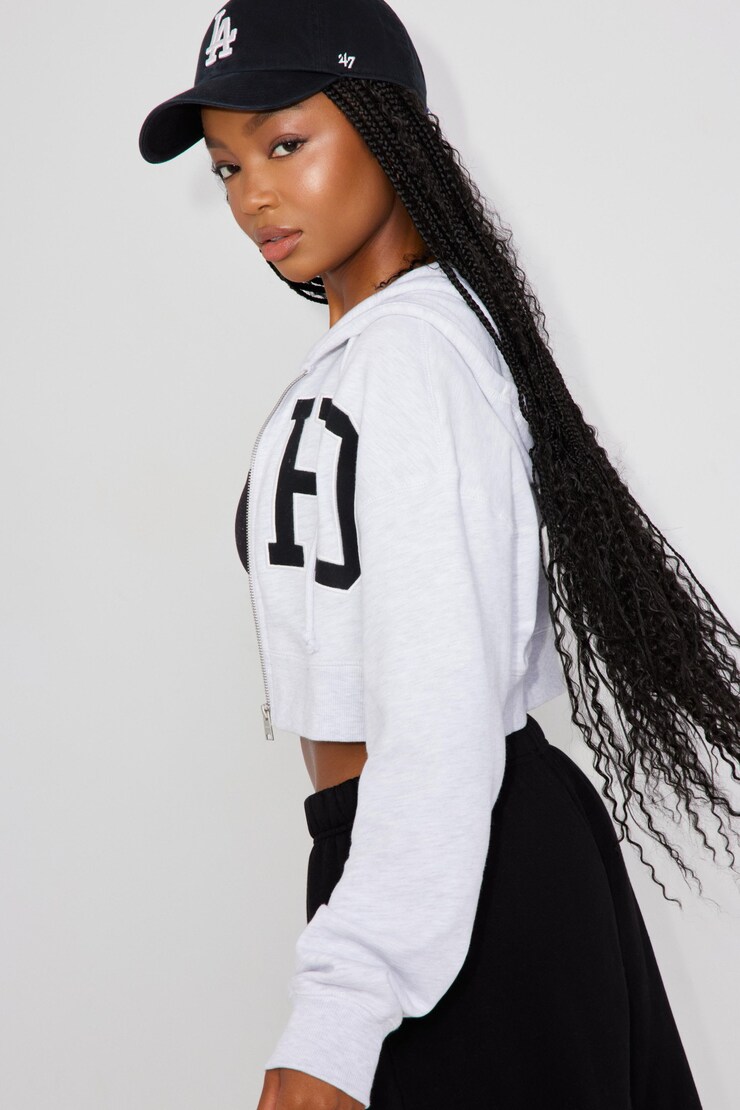 Cropped Zip Up Hoodie, Spring Grey Mix with "Soho" Art, large