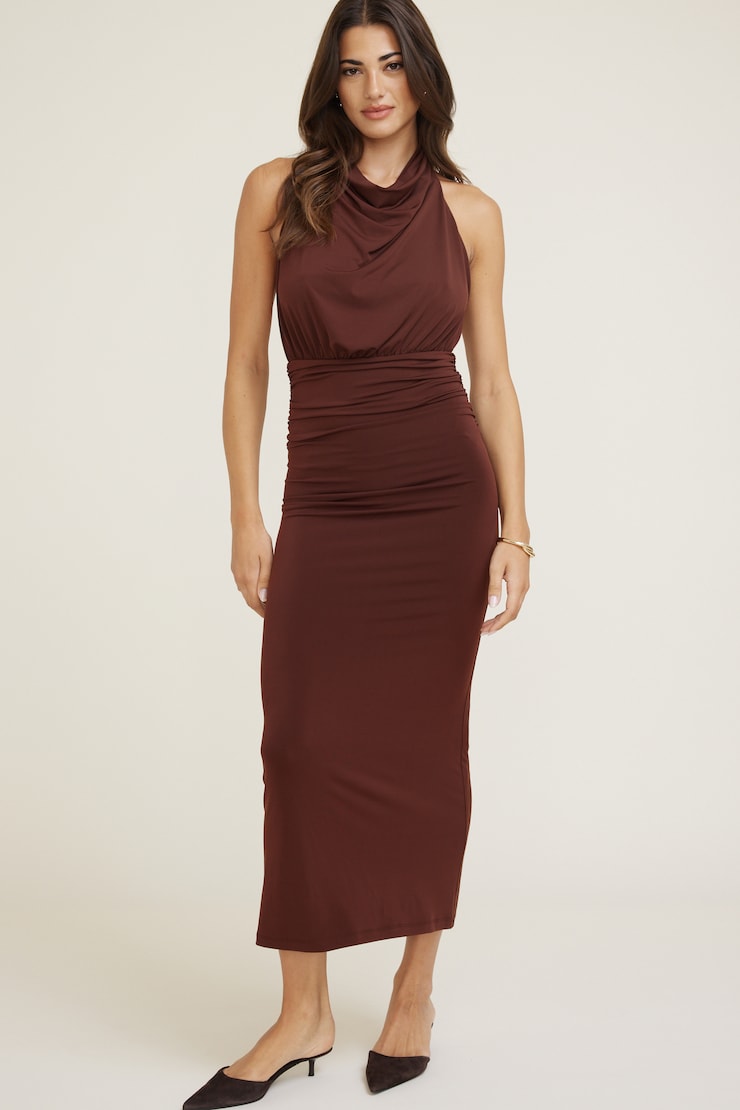 knee length dresses for ladies Corset Cowl Neckline Satin Bridesmaid Prom Dress 7483B – Sparkly Gowns main image 1