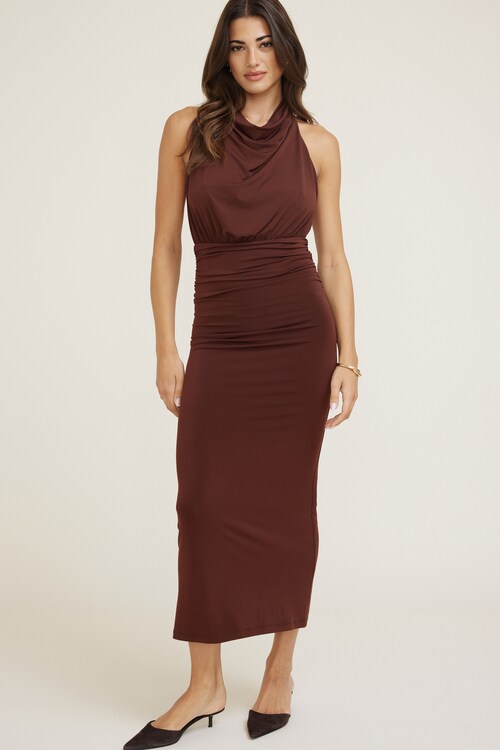 Sculpt Halter Cowl Neck Maxi Dress Brown | Dynamite