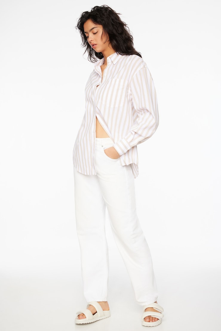 Frida Striped Oversized  Button Up Shirt Light Beige & White Pinstripe large