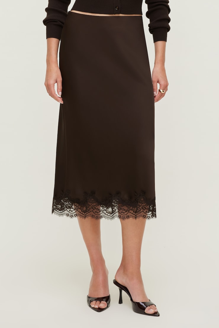 Lace Satin Midi Skirt Brown | Dynamite