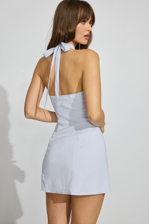 V Neck Halter Flare Dress Blue | Garage
