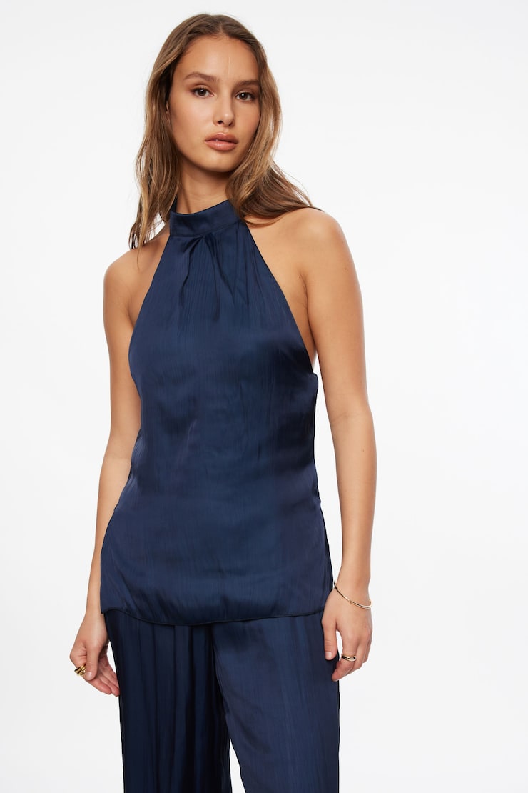 Crinkled Satin Halter Top Navy Blazer  large