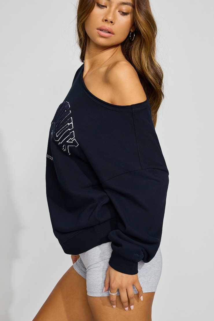 SoftTerry Off Shoulder Sweatshirt, Mariana Blue with "Montauk" Art, large