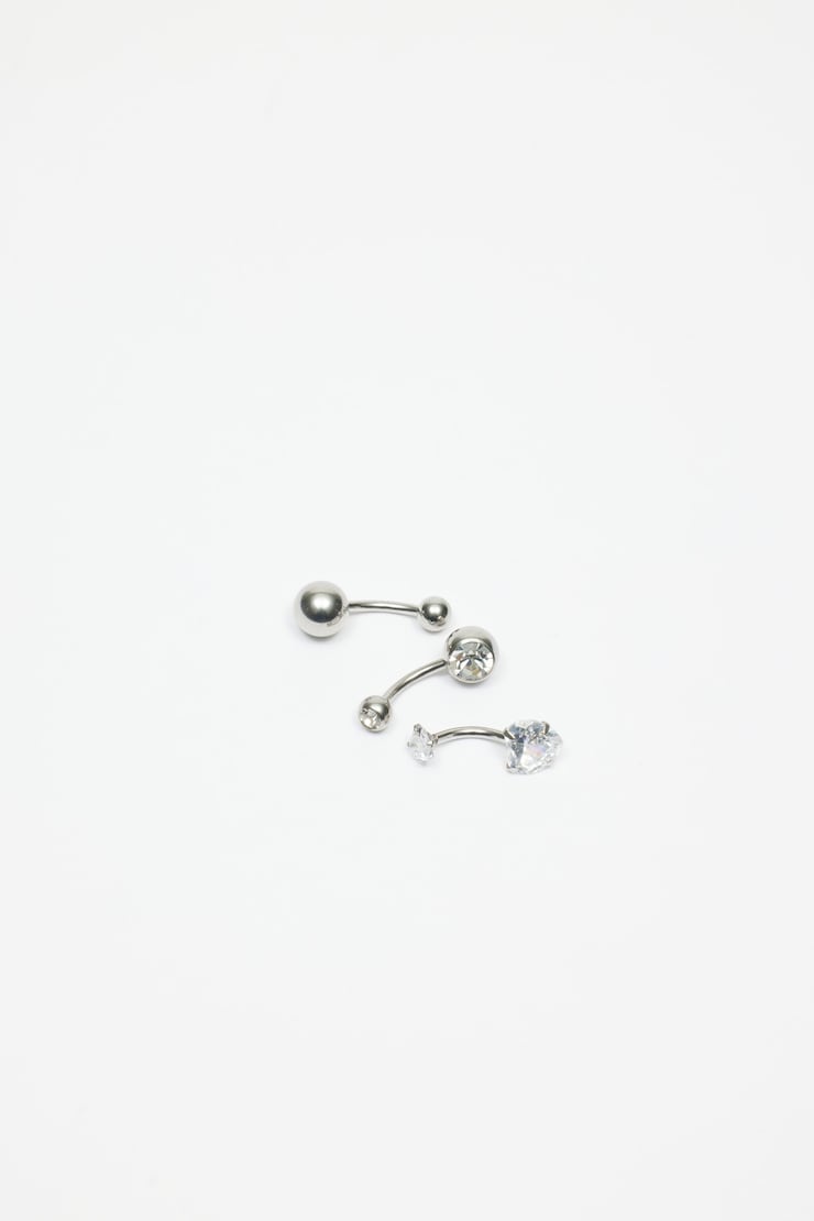 Set of 3 Heart, Gem & Barbell Belly Rings, Silver, large